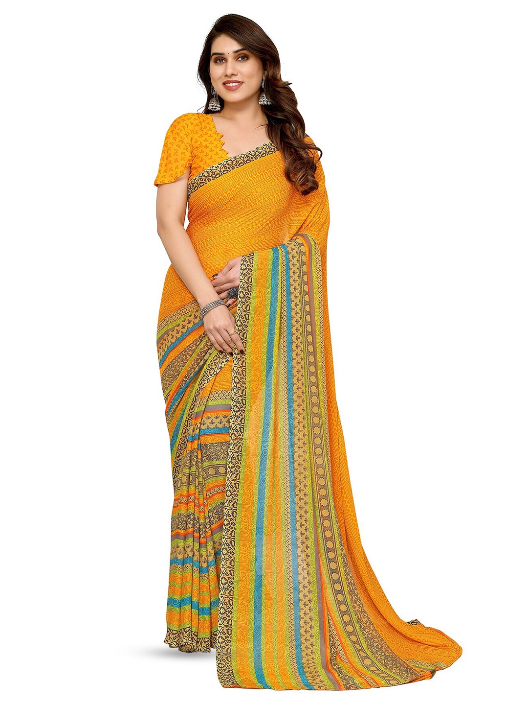 

ANAND SAREES Selection Of 2 Floral Printed Sarees, Yellow