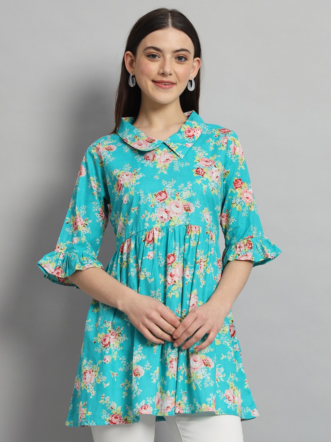 

HANDICRAFT PALACE Printed Bell Sleeve Cotton Longline Top, Green
