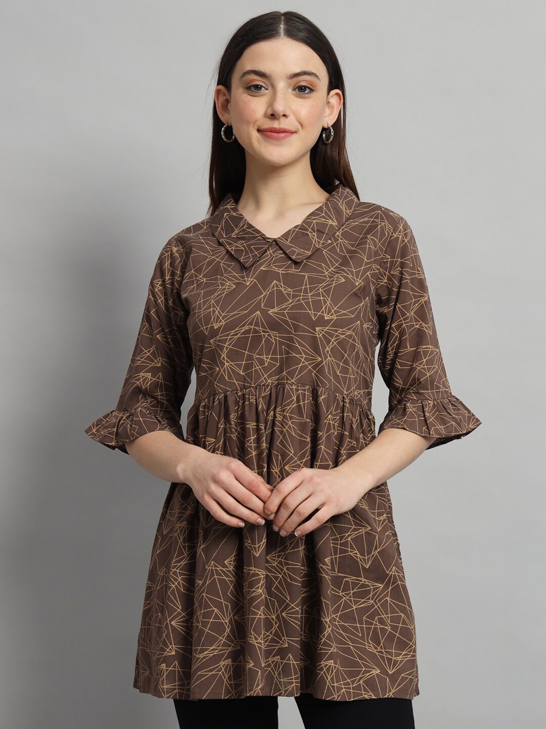 

HANDICRAFT PALACE Printed Bell Sleeve Cotton Longline Top, Brown