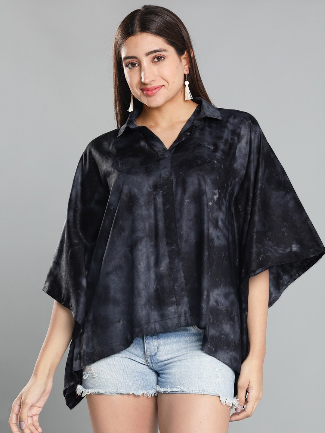 

LetsDressUp Tie and Dye Flared Sleeve Kaftan Top, Black