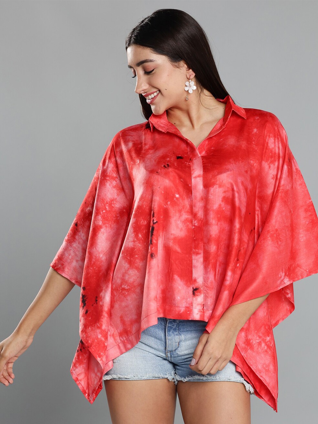 

LetsDressUp Tie and Dye Kimono Sleeve Shirt Style Top, Red