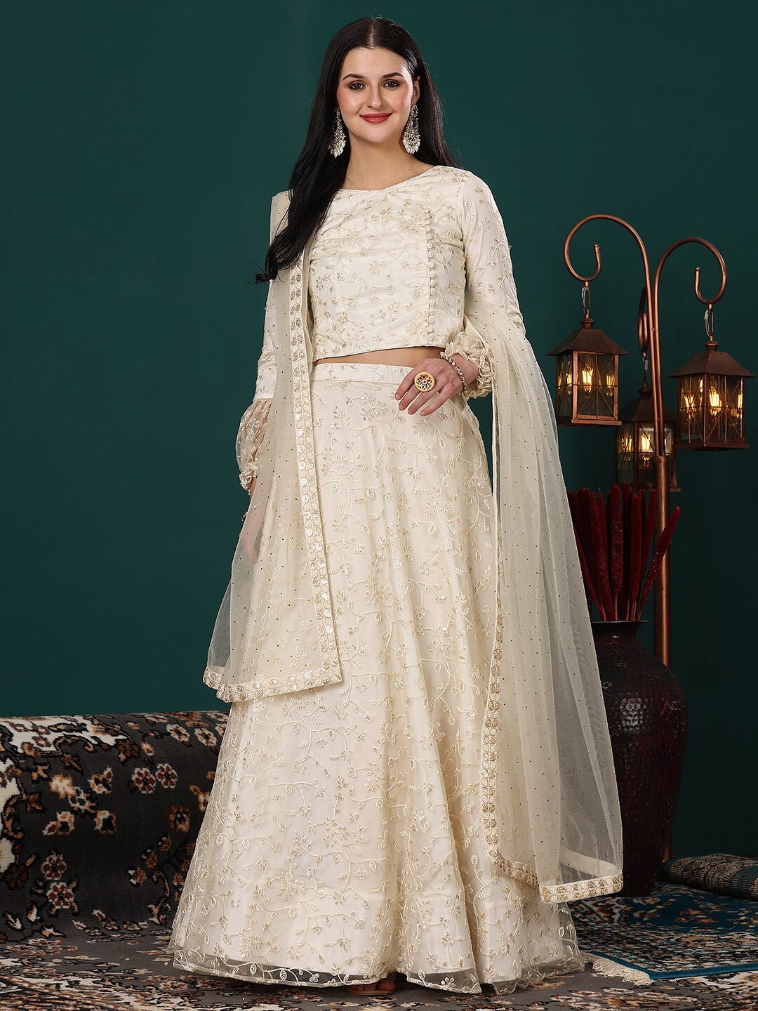 

Ethnovog Floral Embroidered Net Ready to Wear Lehenga & Blouse With Dupatta, Off white