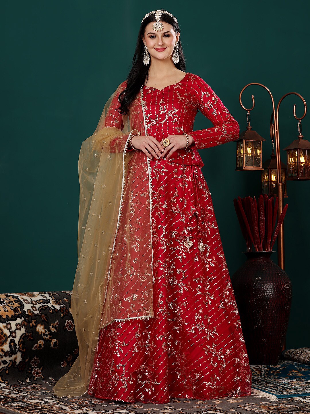 

Ethnovog Embellished Sequinned Net Ready to Wear Lehenga & Blouse With Dupatta, Red