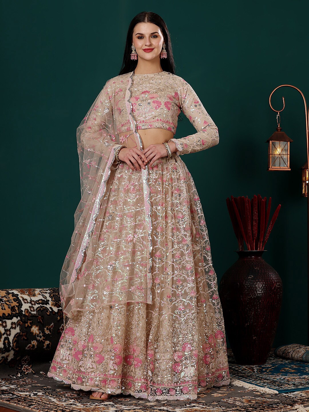

Ethnovog Embroidered Thread Work Ready to Wear Lehenga & Blouse With Dupatta, Beige