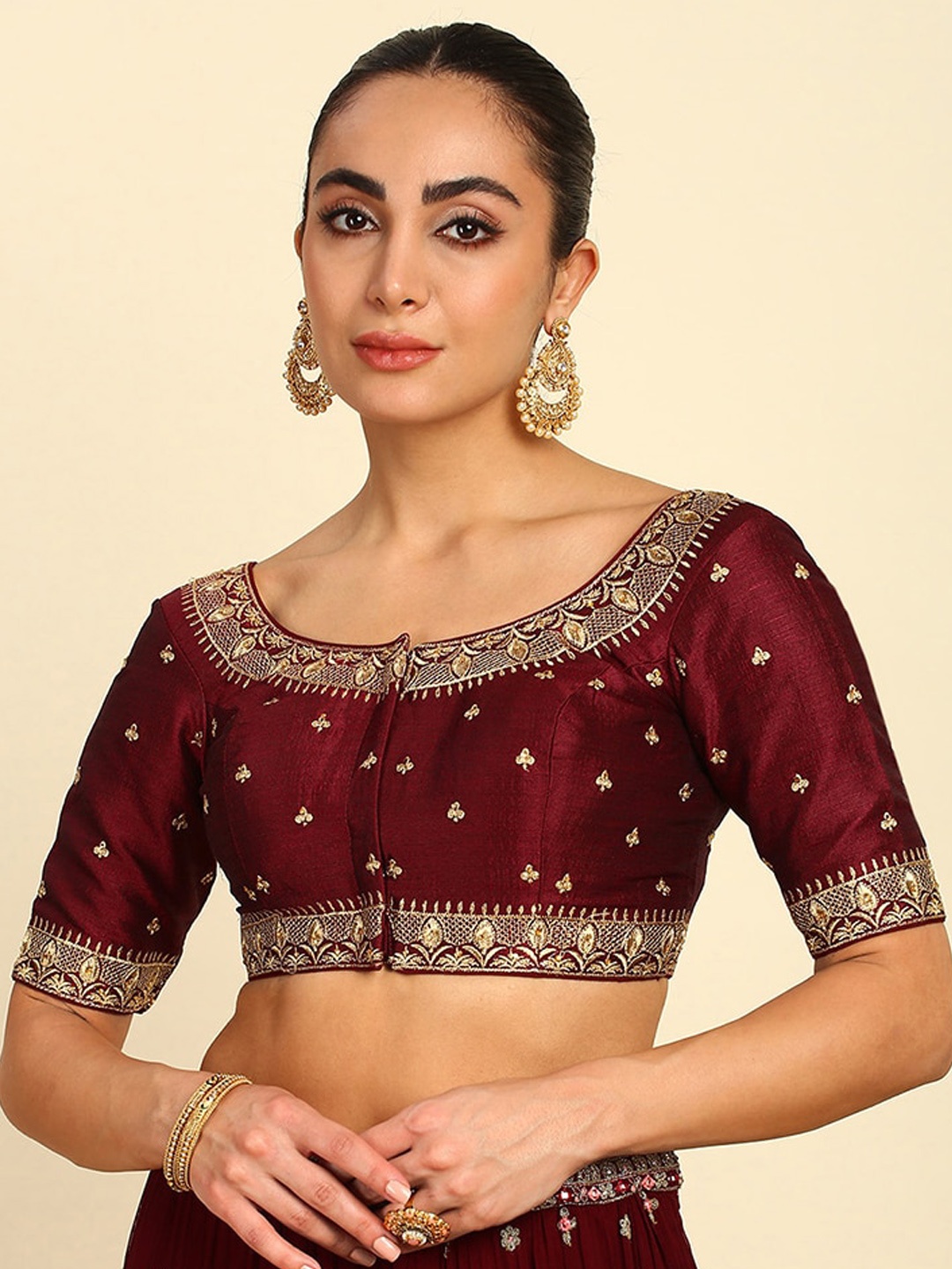 

Soch Embroidered Silk Belnd Short Sleeve Saree Blouse, Maroon