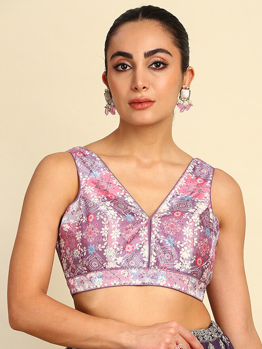 

Soch Floral Printed V-Neck Sequined Saree Blouse, Purple