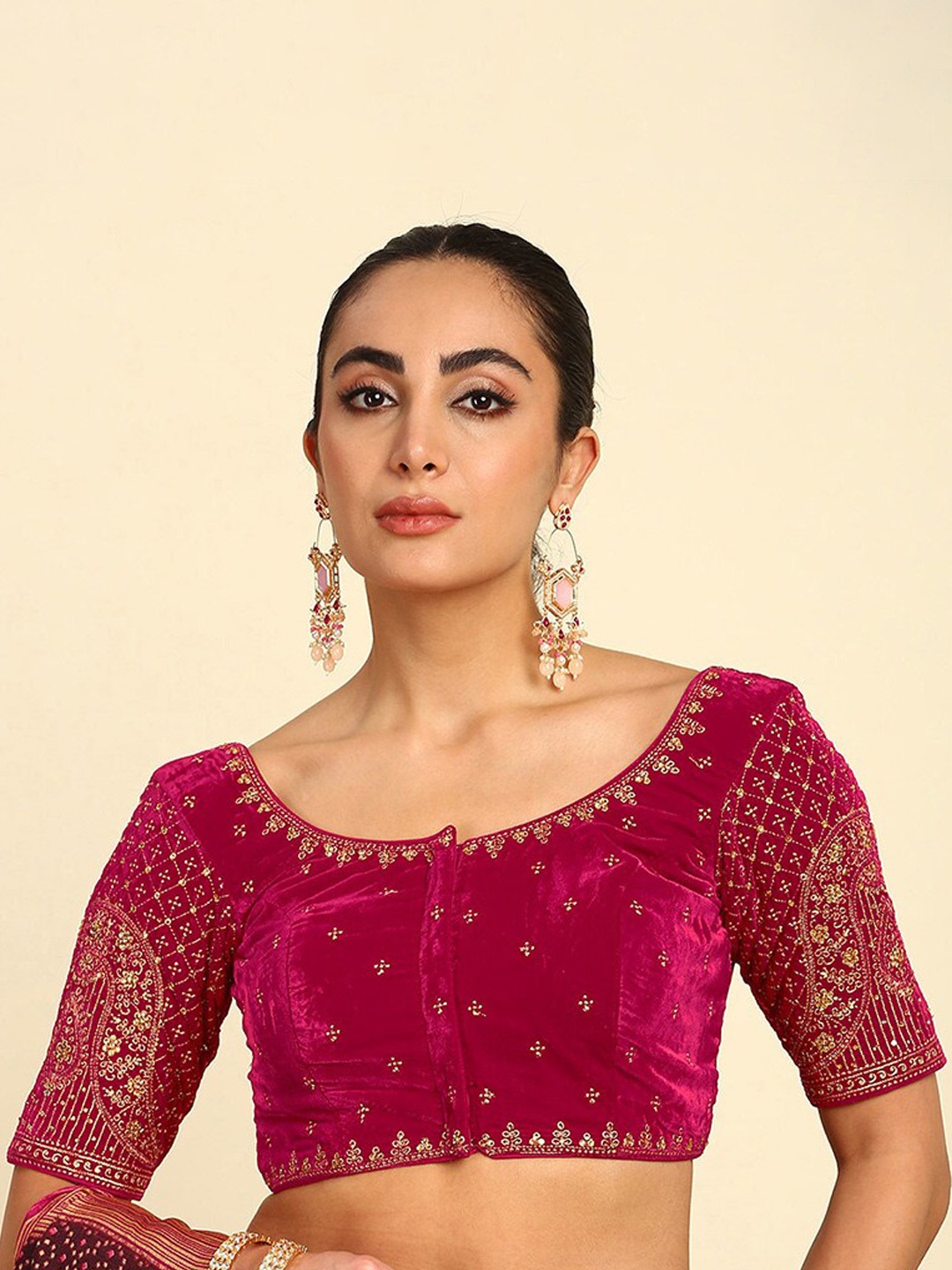 

Soch Embroidered Beads and Stones Padded Velvet Saree Blouse, Fuchsia