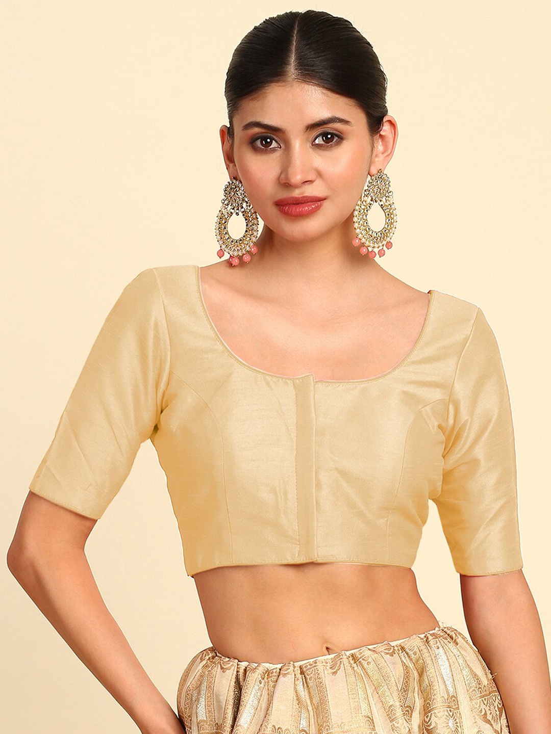 

Soch U-Neck Short Sleeves Padded Saree Blouse, Beige