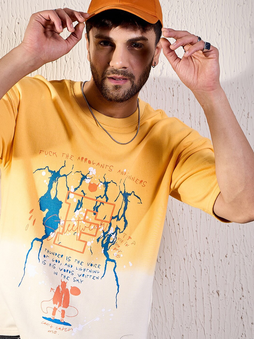 

FUGAZEE Yellow Graphic Printed Cotton Oversized Tshirt