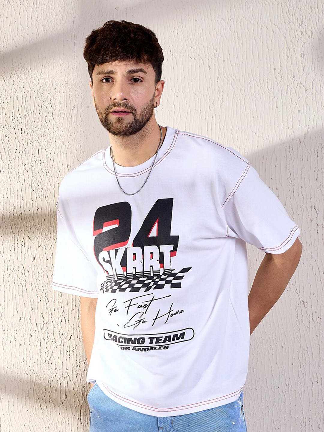 FUGAZEE White Typography Printed Cotton Oversized Tshirt
