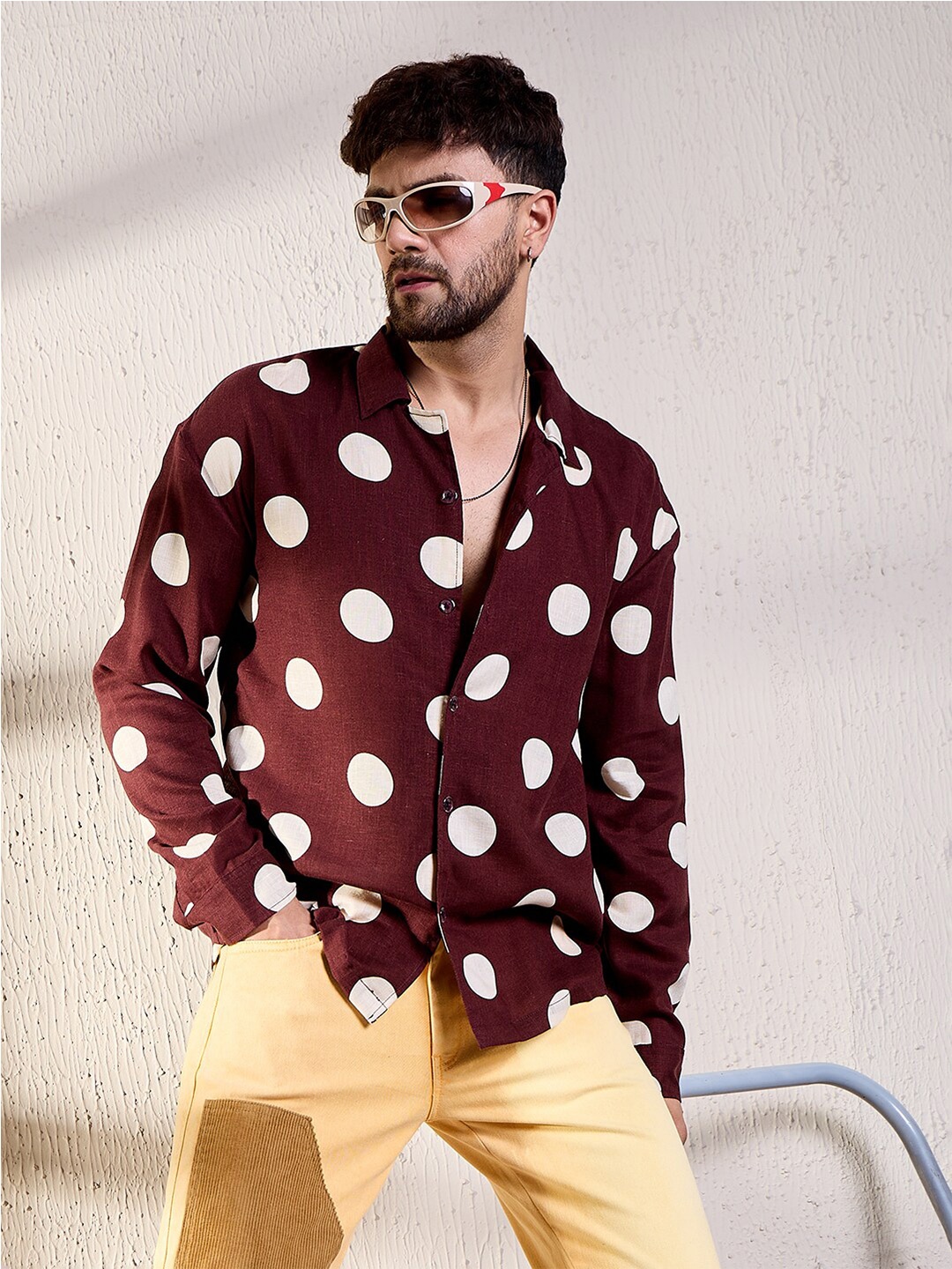 

FUGAZEE Maroon Relaxed Polka Dot Printed Spread Collar Long Sleeves Cotton Casual Shirt