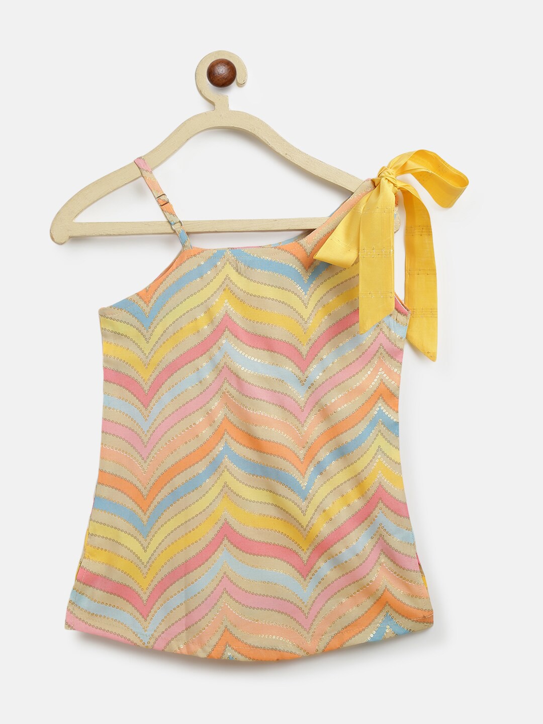 

TALES & STORIES Girls Striped Printed One Shoulder Crop Top With Sharara, Yellow