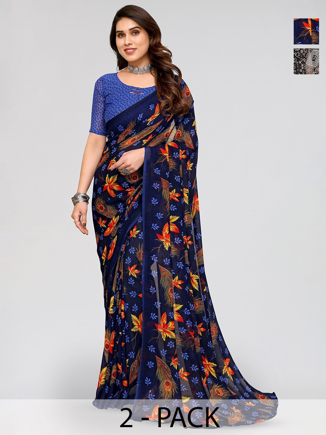 

ANAND SAREES Selection Of 2 Floral Printed Saree, Blue