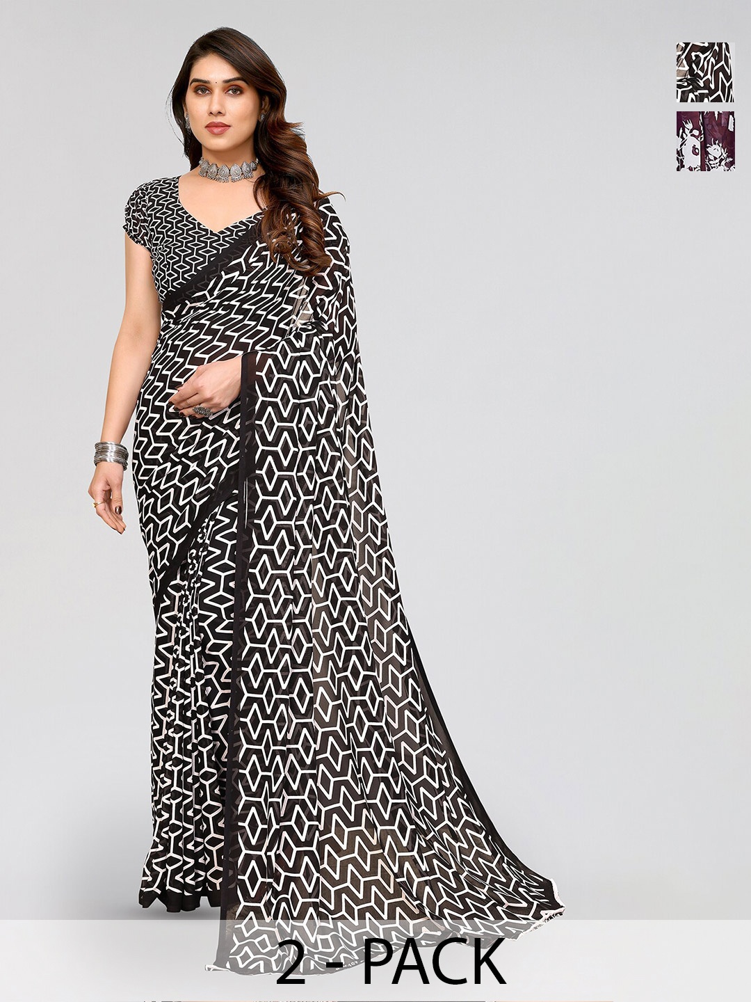 

ANAND SAREES Selection Of 2 Printed Sarees, Black