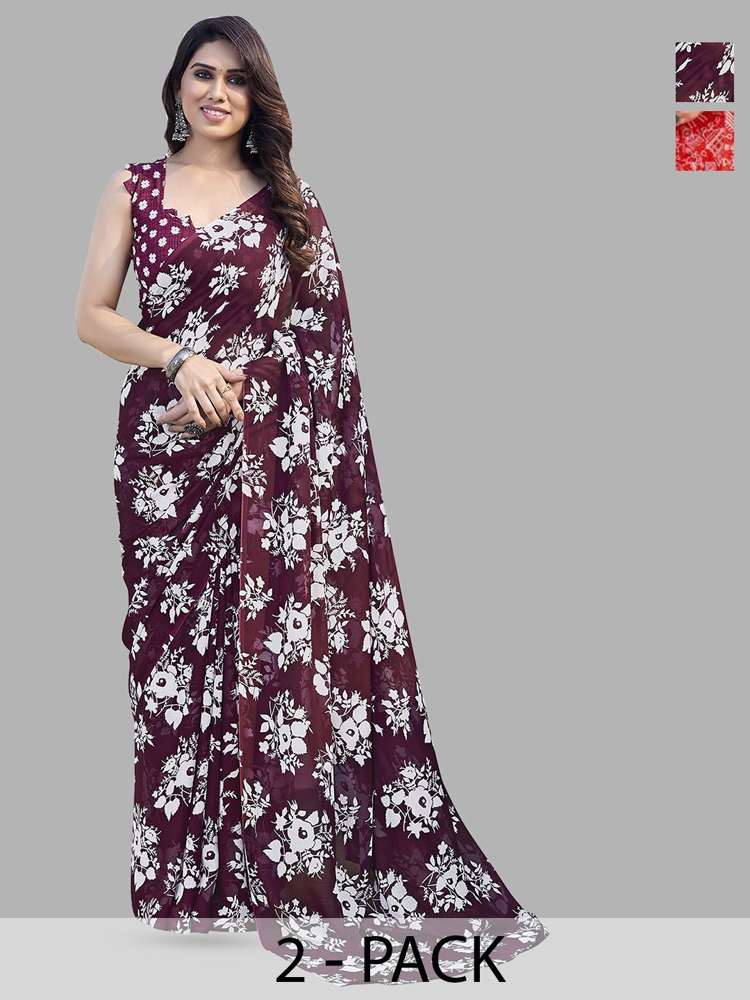

ANAND SAREES Selection Of 2 Printed Poly Georgette Sarees, Purple