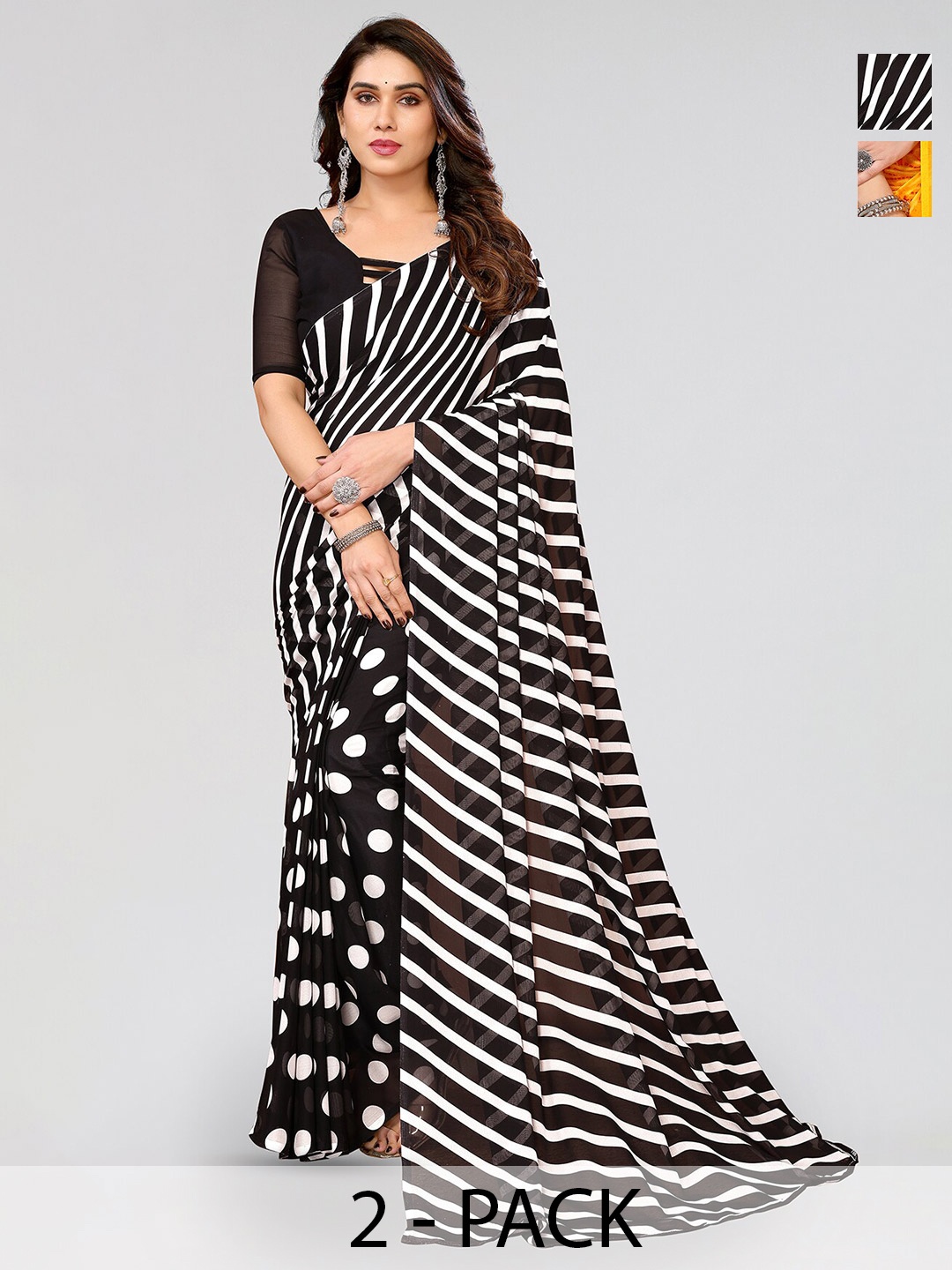 

ANAND SAREES Selection Of 2 Printed Sarees, Black