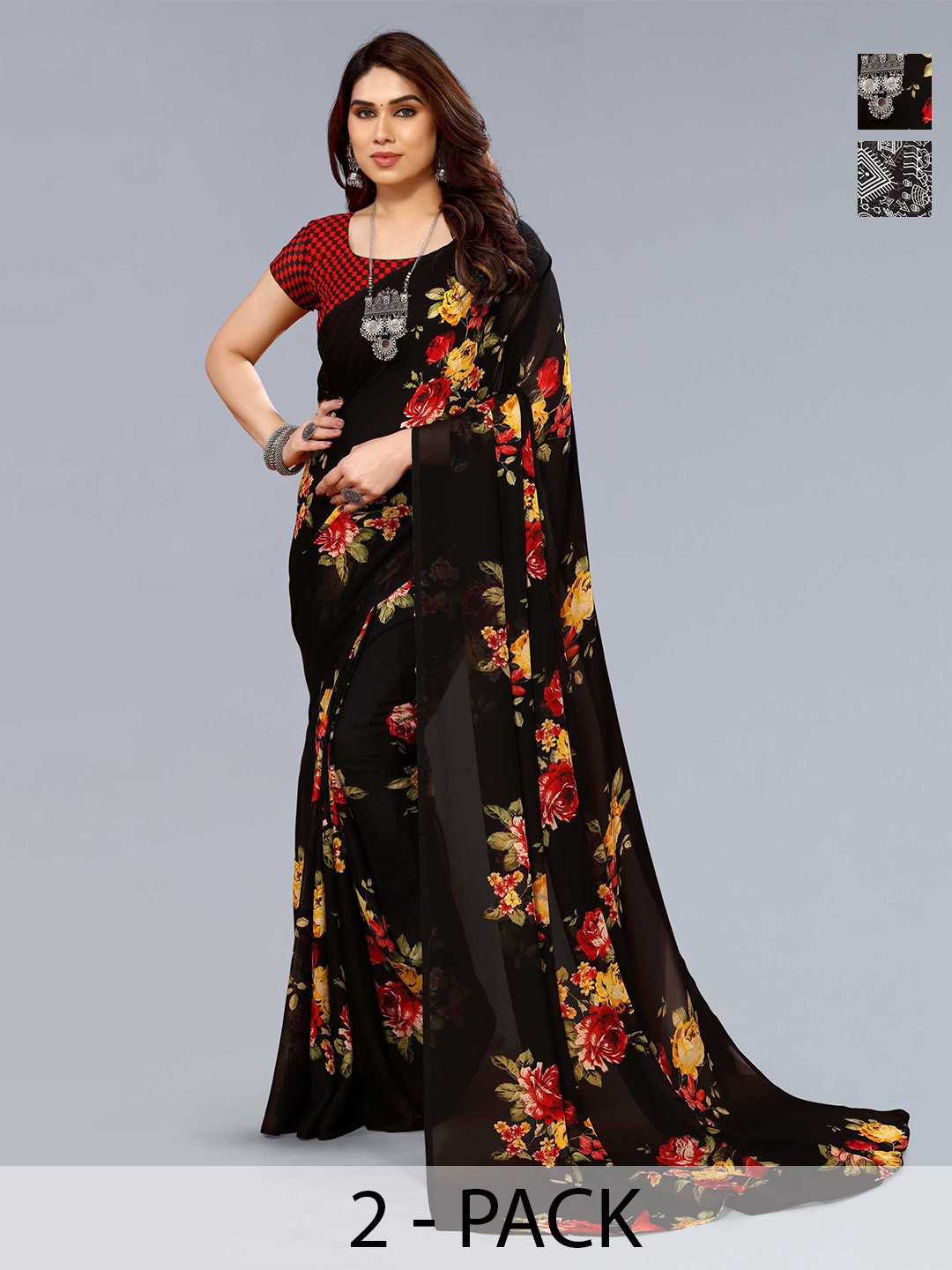 

ANAND SAREES Selection Of 2 Printed Sarees, Black