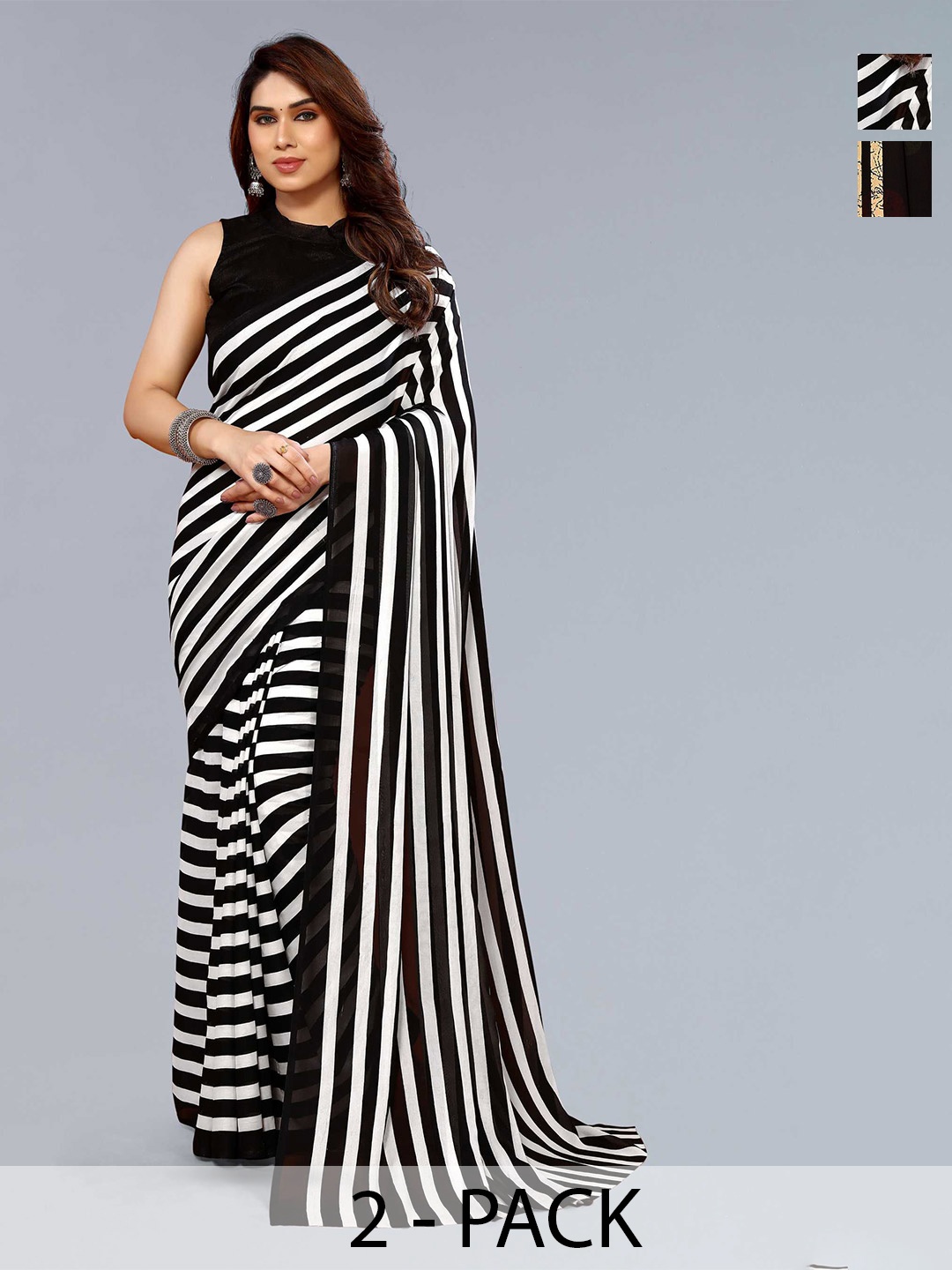 

ANAND SAREES Selection of 2 Striped Georgette Saree, Black