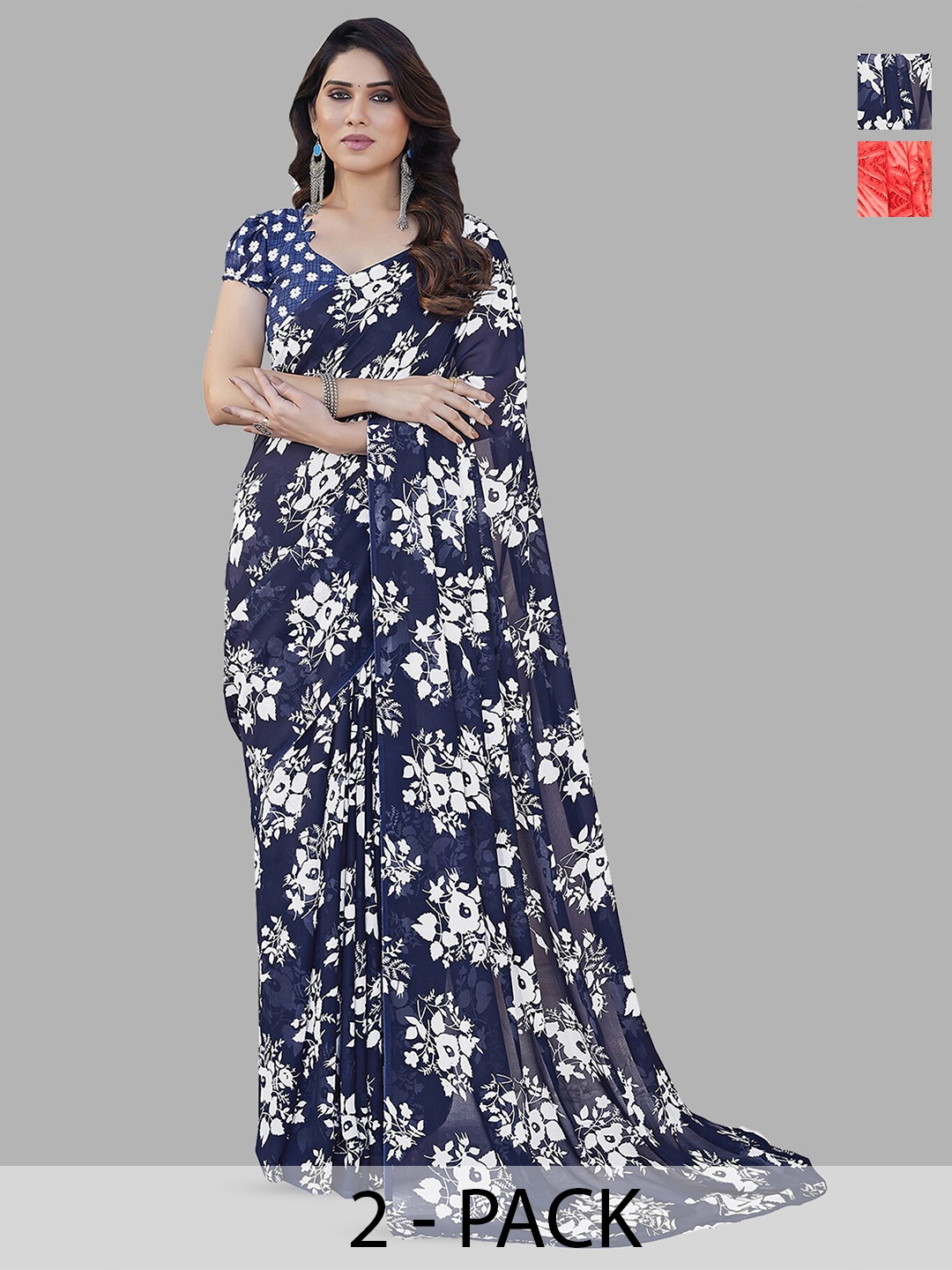 

ANAND SAREES Selection Of 2 Floral Printed Sarees, Blue