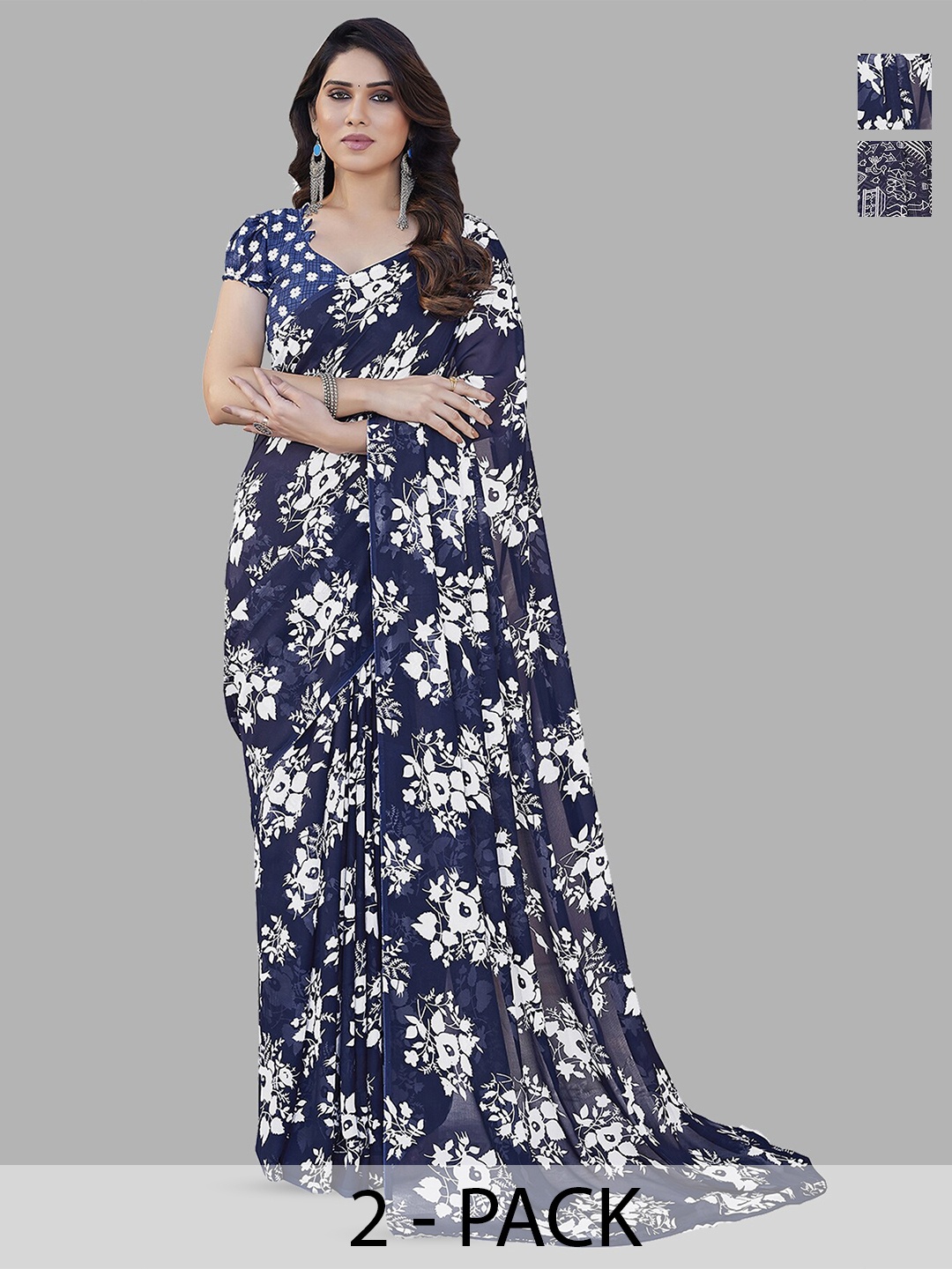

ANAND SAREES Selection of 2 Floral Printed Saree, Blue
