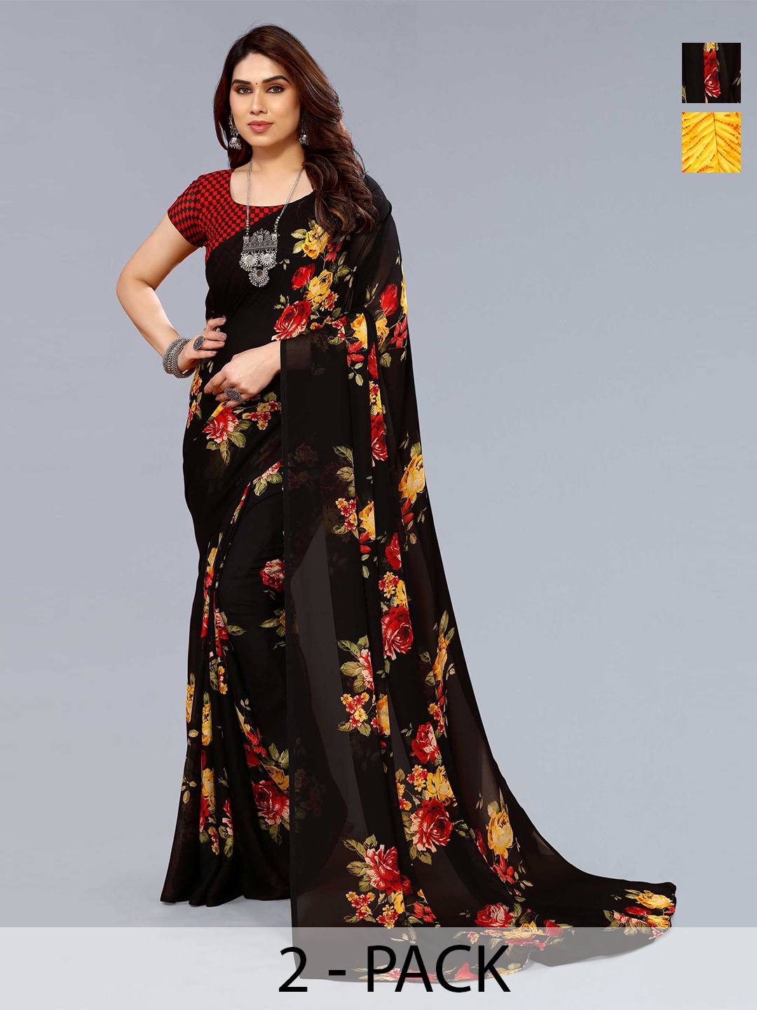 

ANAND SAREES Selection Of 2 Printed Sarees, Black