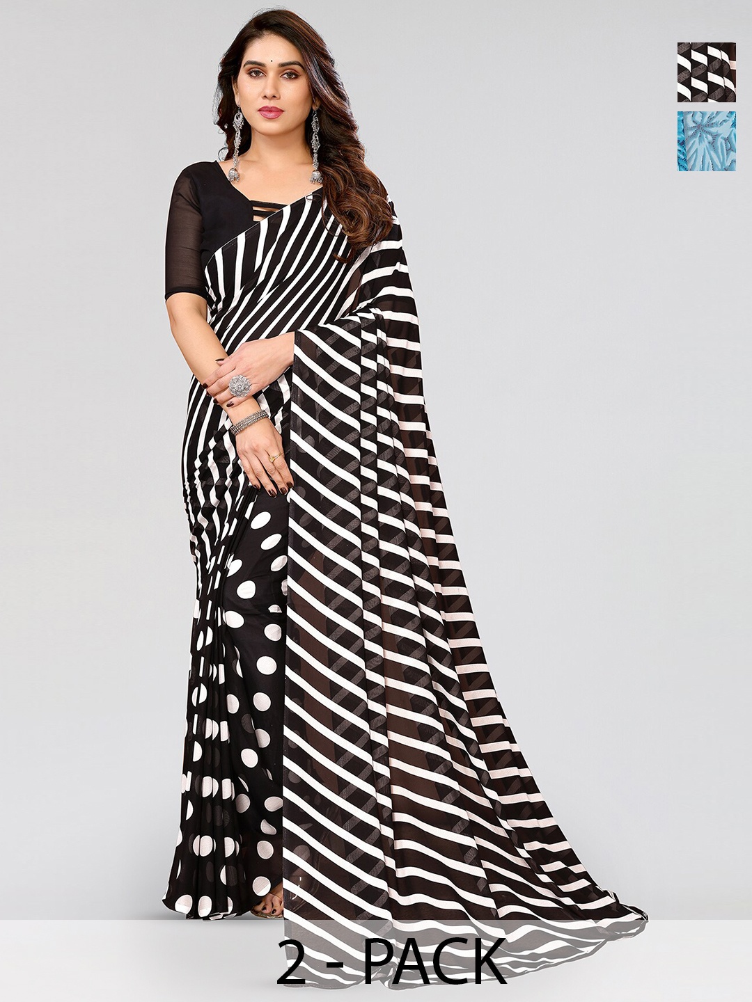 

ANAND SAREES Selection Of 2 Polka Dot Printed Saree, Black