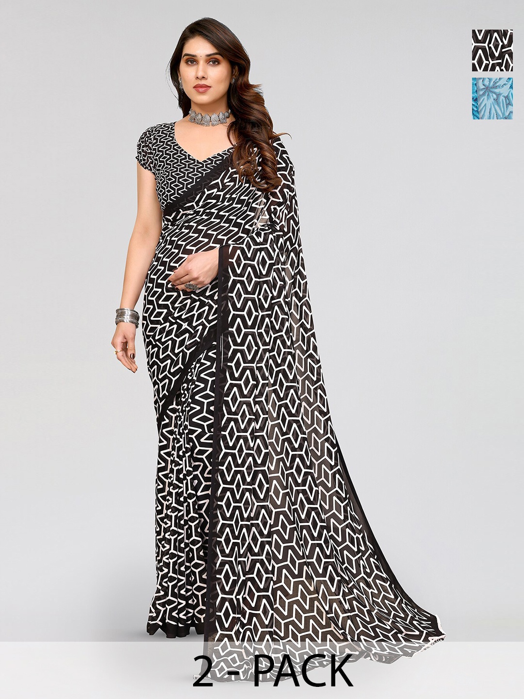 

ANAND SAREES Selection Of 2 Printed Sarees, Blue