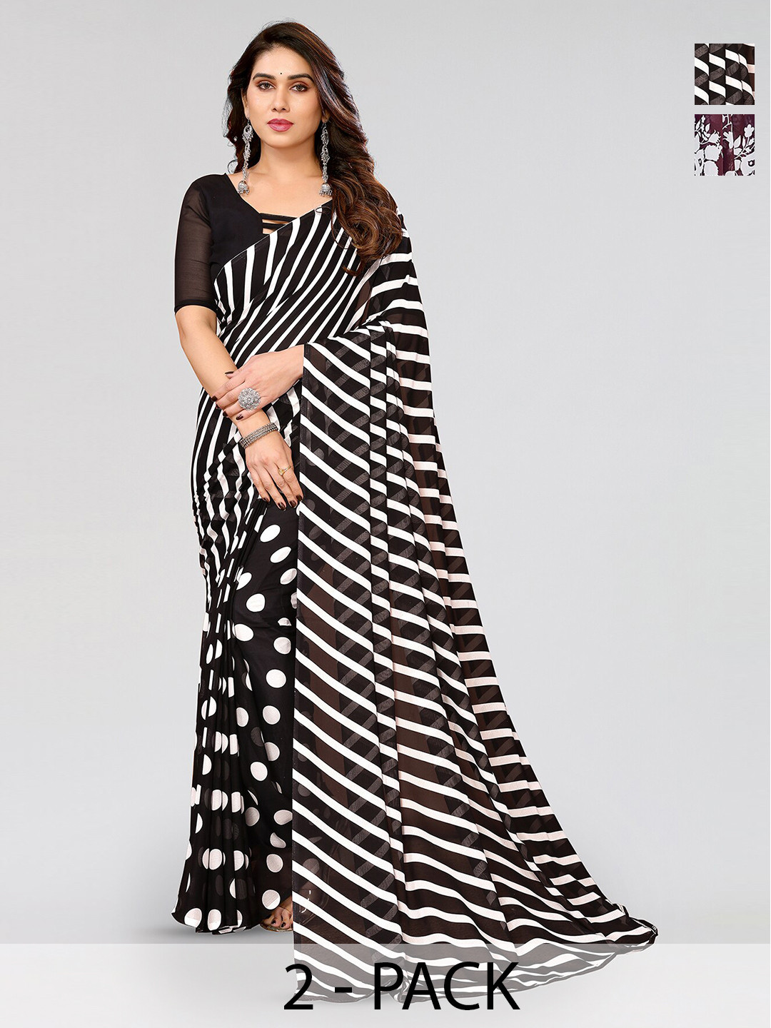 

ANAND SAREES Selection of 2 Polka Dot Printed Saree, Black