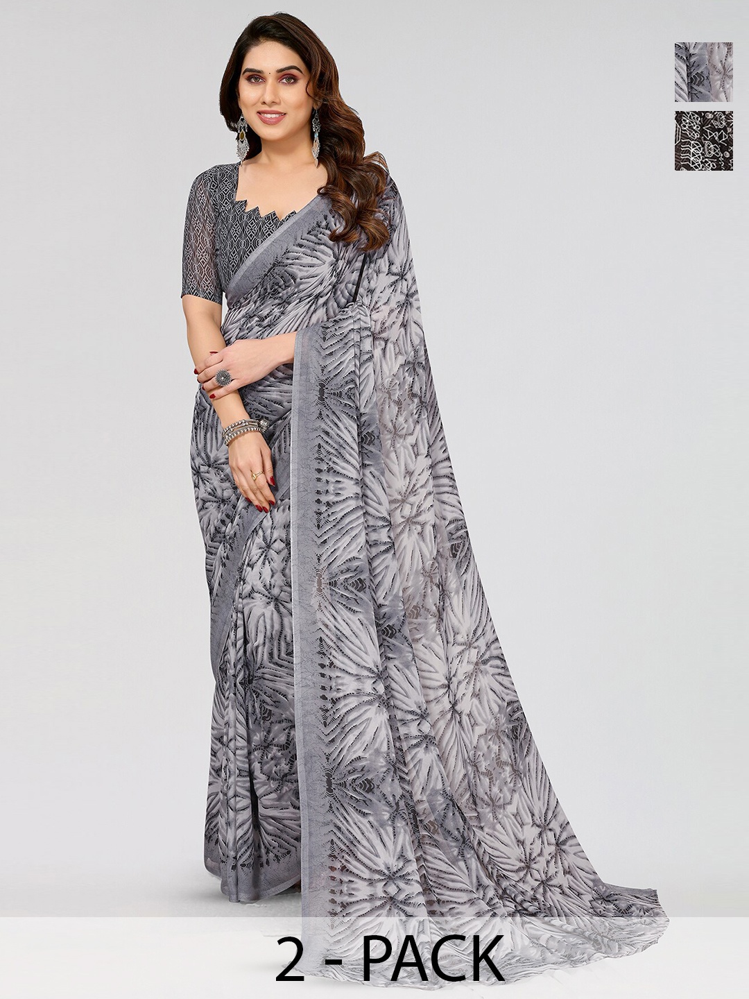 

ANAND SAREES Selection Of 2 Printed Sarees, Grey