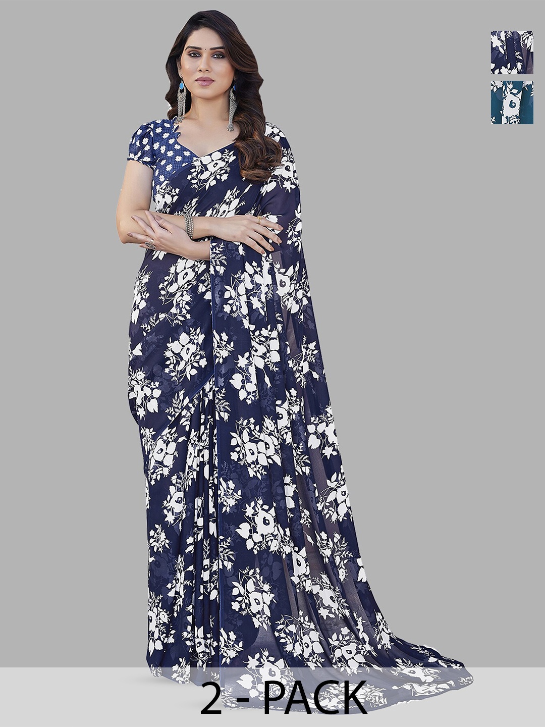 ANAND SAREES Selection Of 2 Floral Printed Sarees, Blue