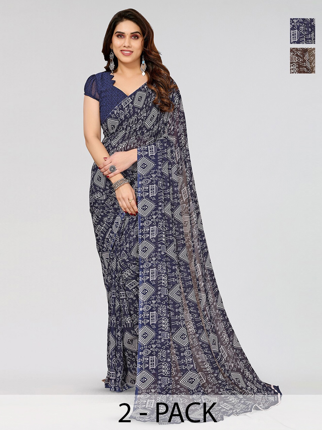 

ANAND SAREES Selection Of 2 Ethnic Motifs Printed Sarees, Navy blue