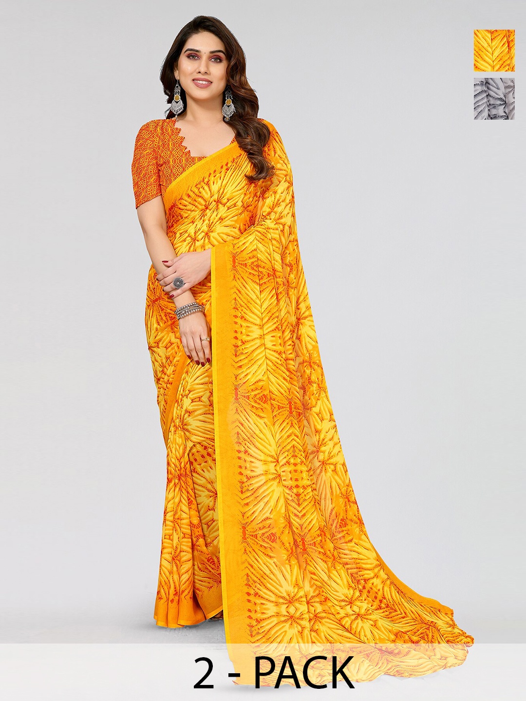 ANAND SAREES Selection of 2 Floral Printed Sarees, Yellow