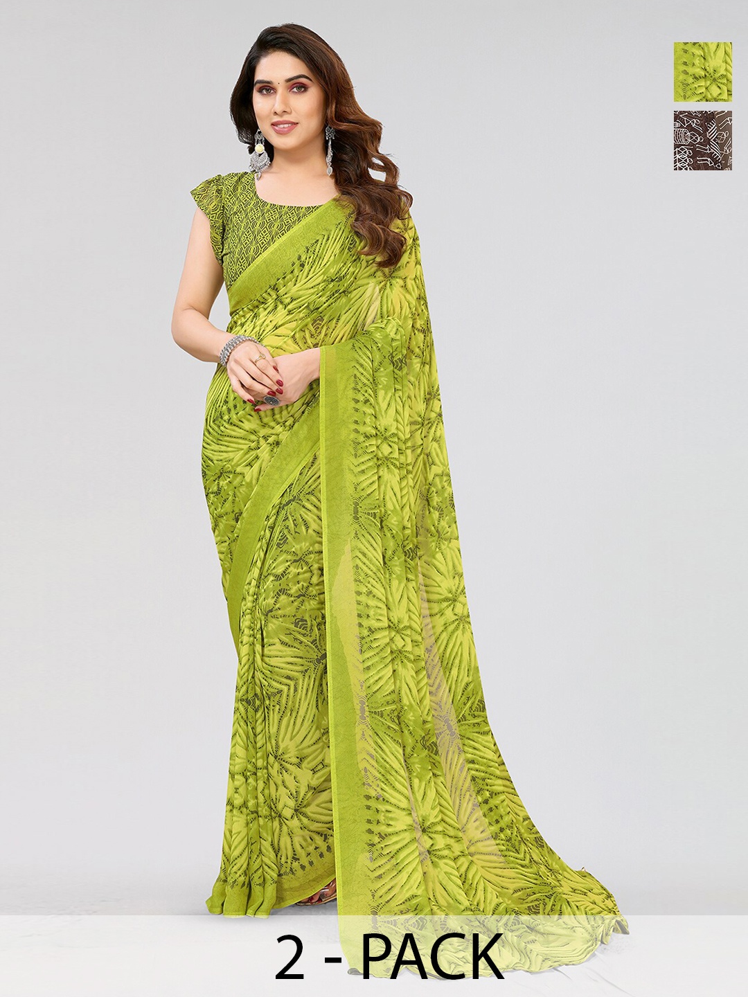 

ANAND SAREES Selection of 2 Warli Printed Sarees, Brown