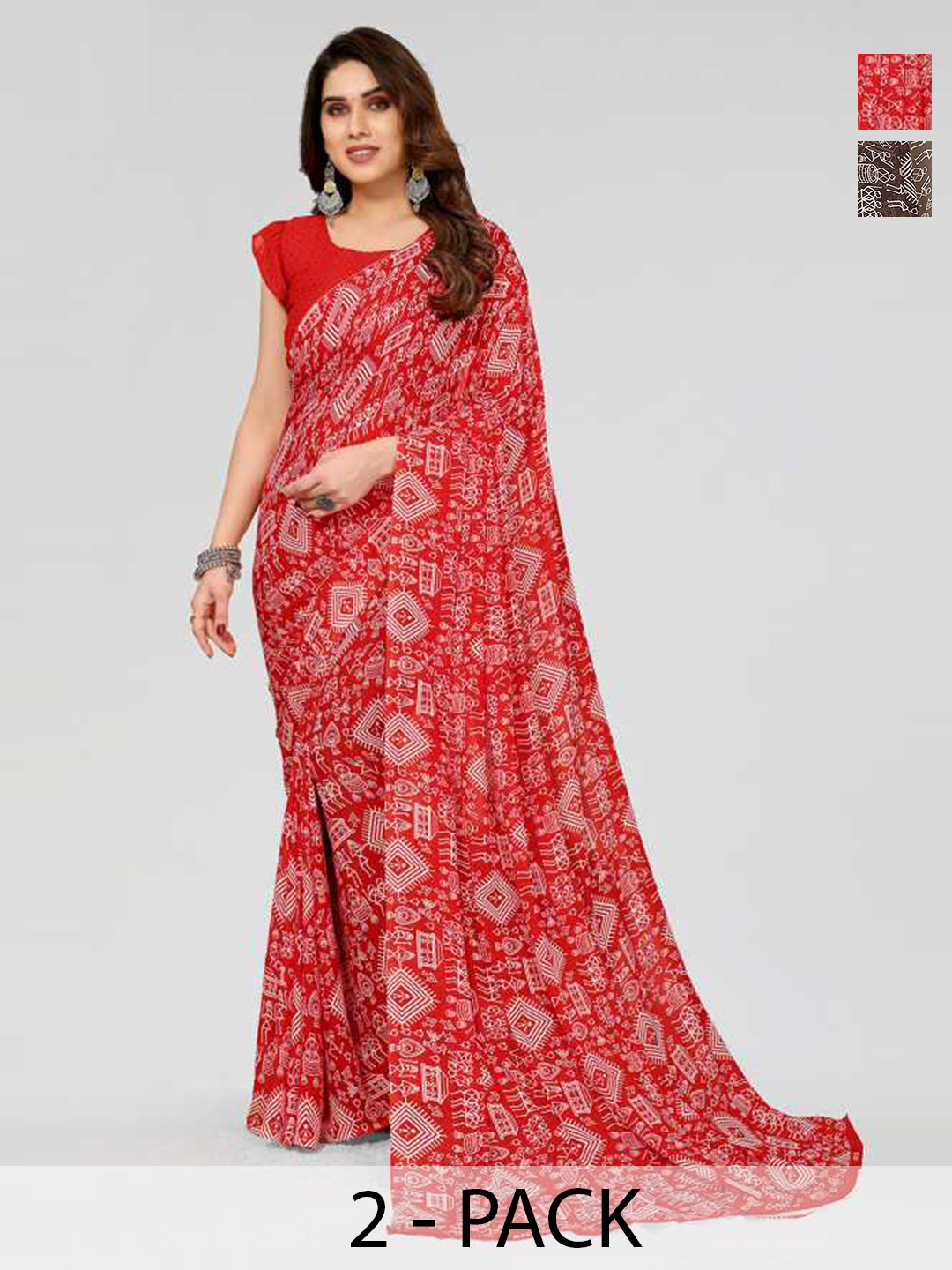 

ANAND SAREES Pack Of 2 Printed Georgette Sarees, Red