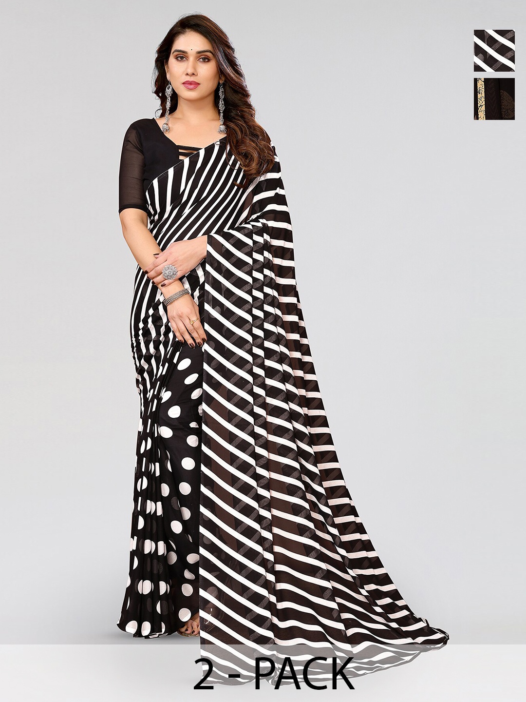ANAND SAREES Selection Of 2 Geometric Printed Sarees, Black
