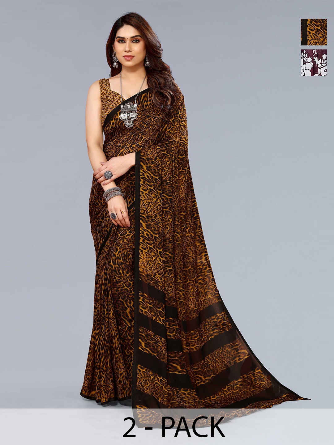

ANAND SAREES Selection of 2 Floral Printed Sarees, Brown