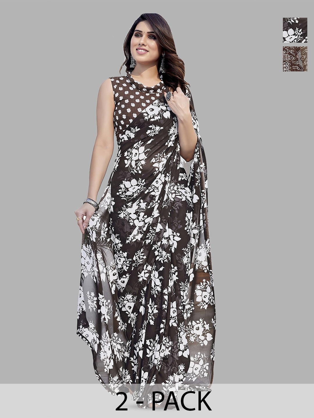 ANAND SAREES Selection Of 2 Printed Poly Georgette Sarees, Brown