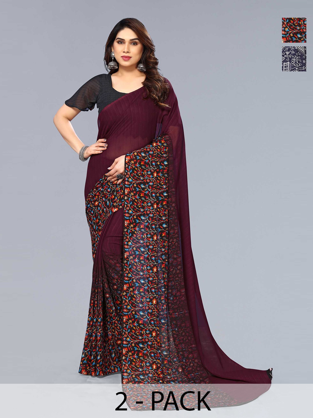 ANAND SAREES Selection of 2 Floral Printed Saree, Purple