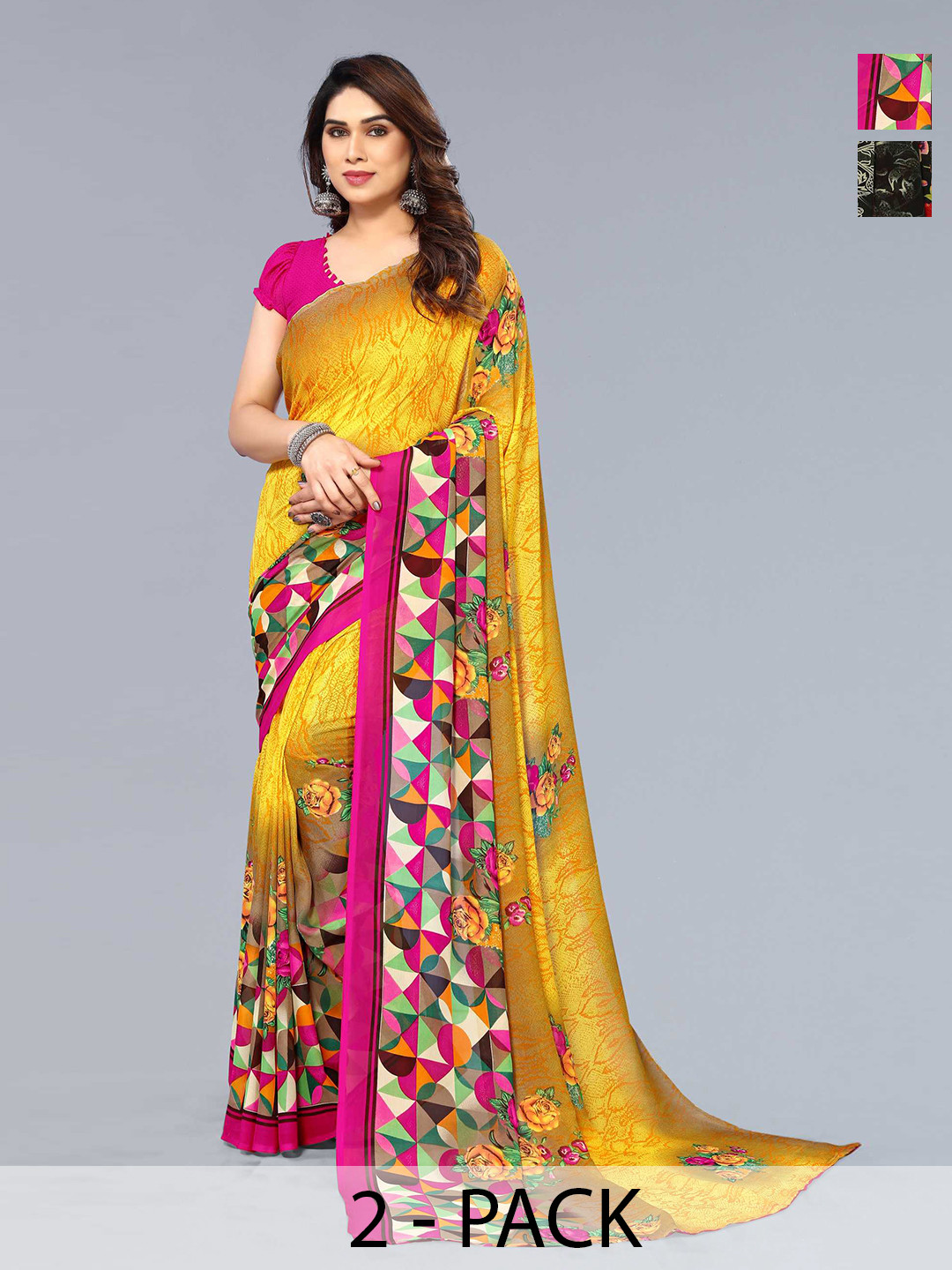

ANAND SAREES Selection Of 2 Printed Sarees, Yellow