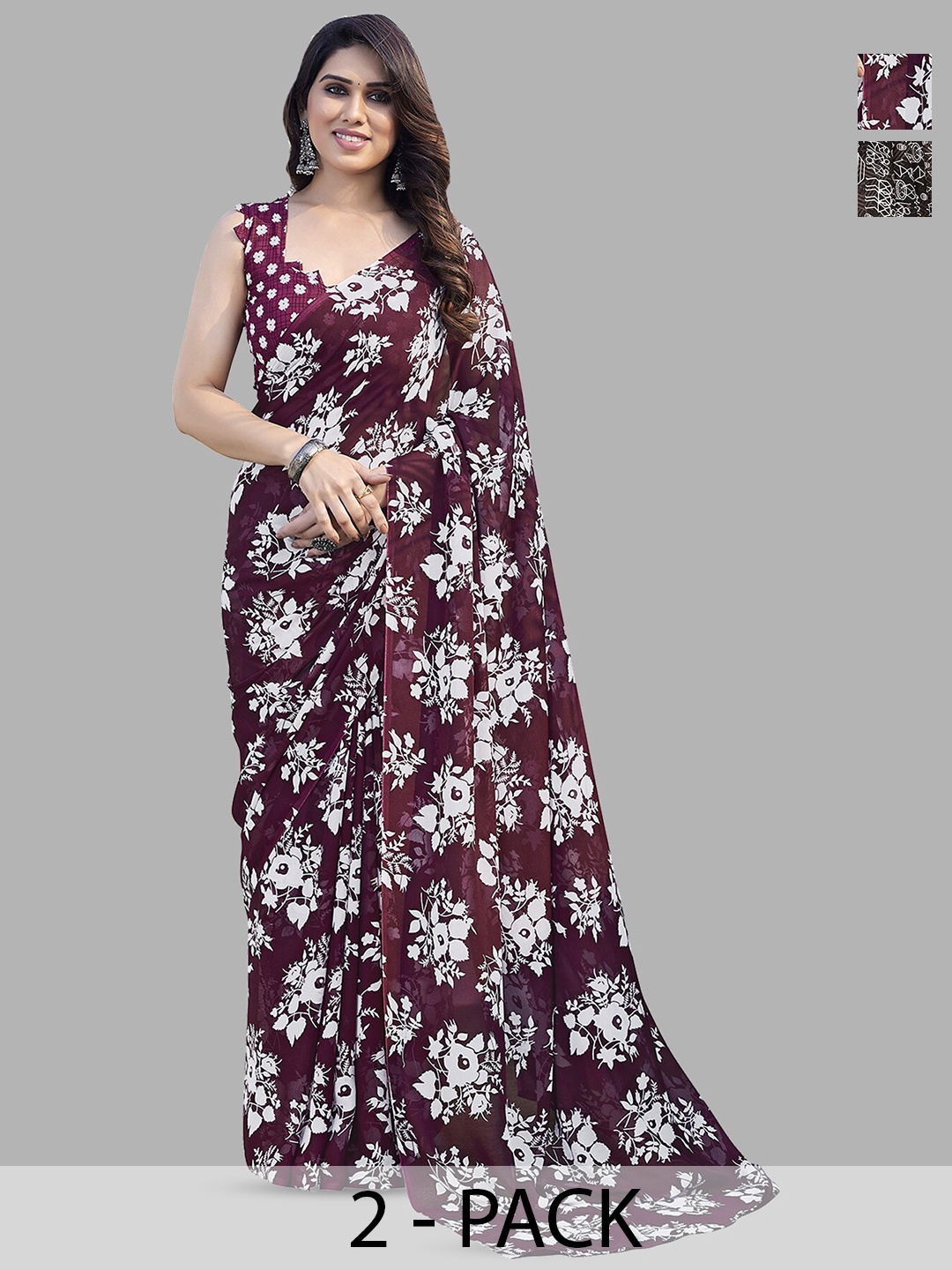 

ANAND SAREES Selection Of 2 Floral Printed Saree, Burgundy