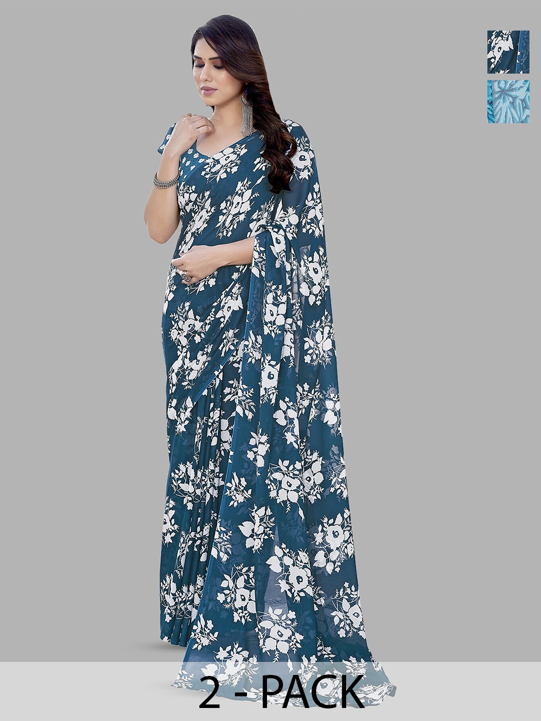 

ANAND SAREES Selection Of 2 Floral Printed Saree, Blue