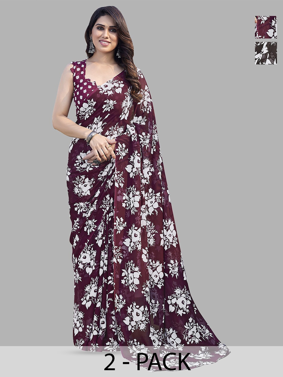 

ANAND SAREES Selection Of 2 Floral Printed Sarees, White