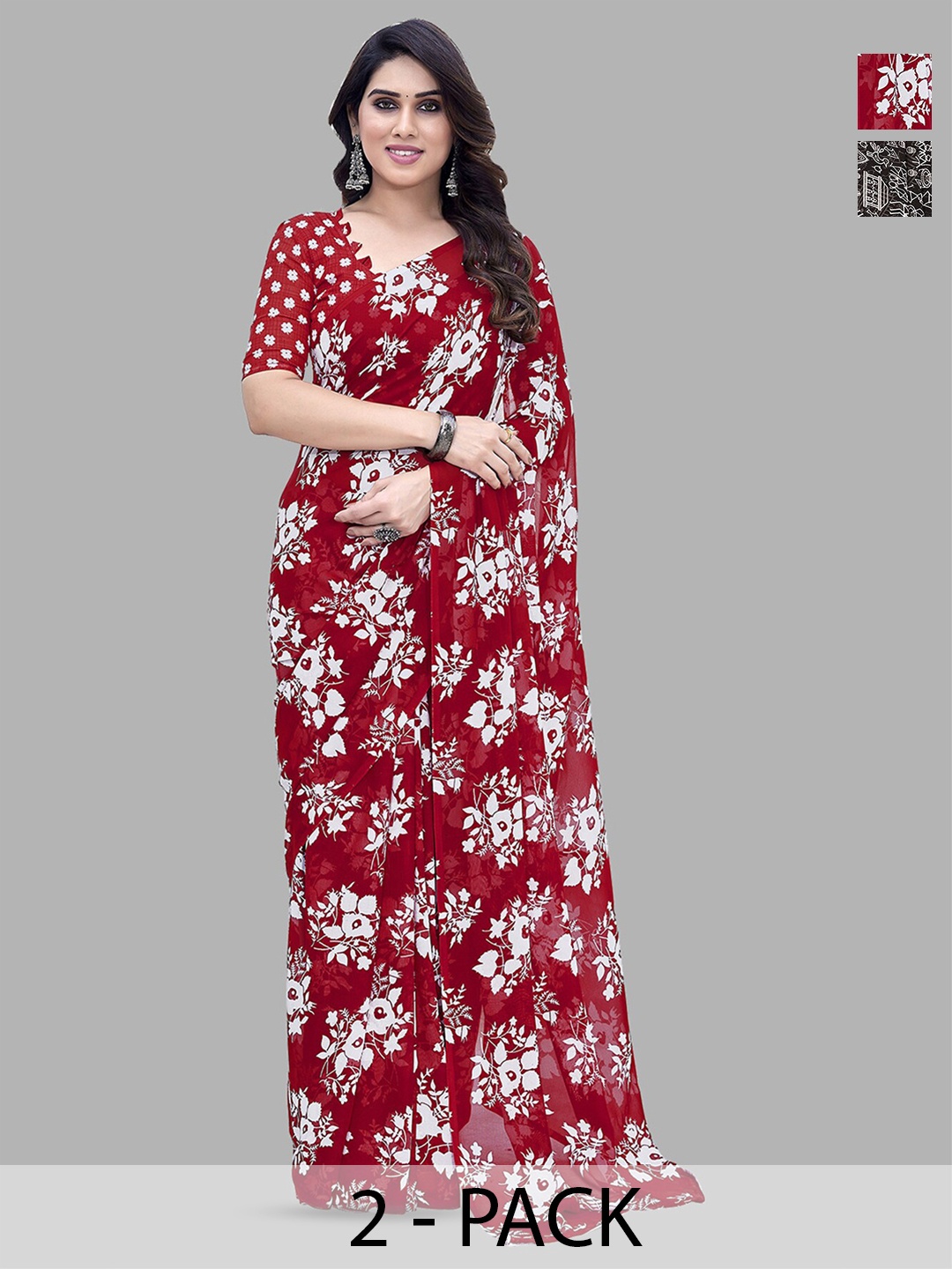 

ANAND SAREES Selection of 2 Floral Printed Saree, Red