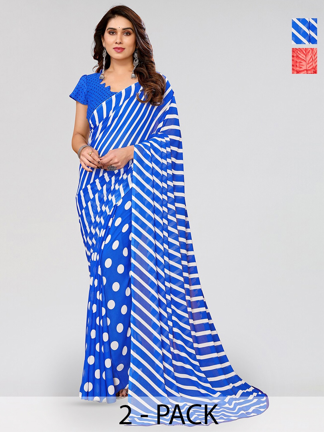 

ANAND SAREES Selection Of 2 Geometric Printed Sarees, Blue