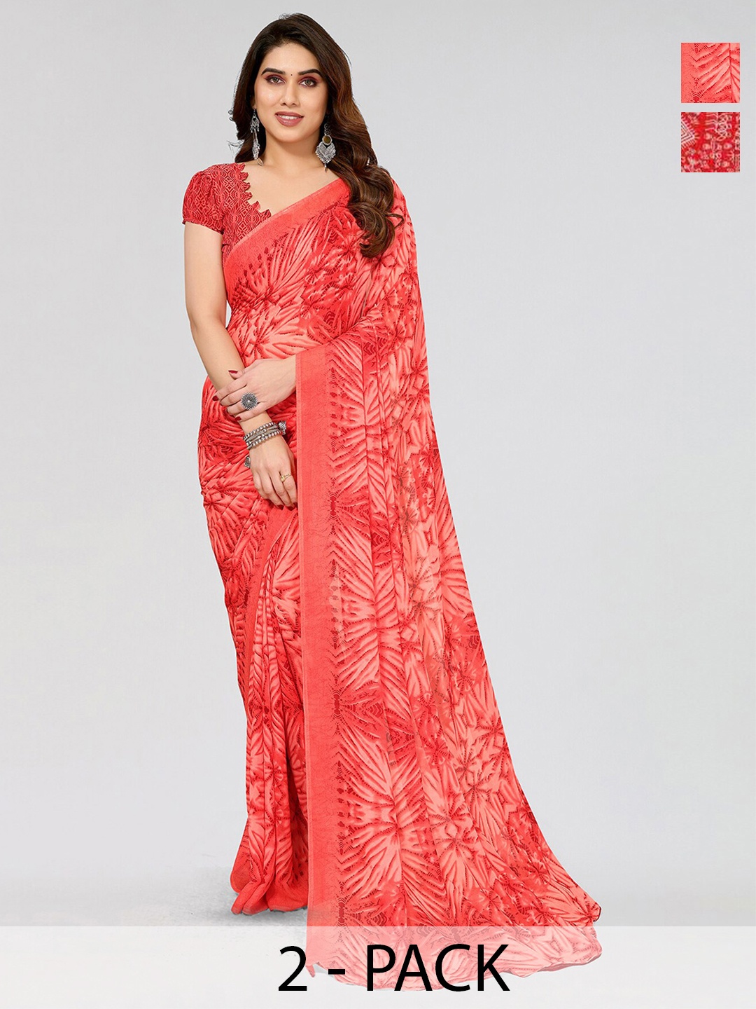 

ANAND SAREES Selection Of 2 Printed Poly Georgette Sarees, Red