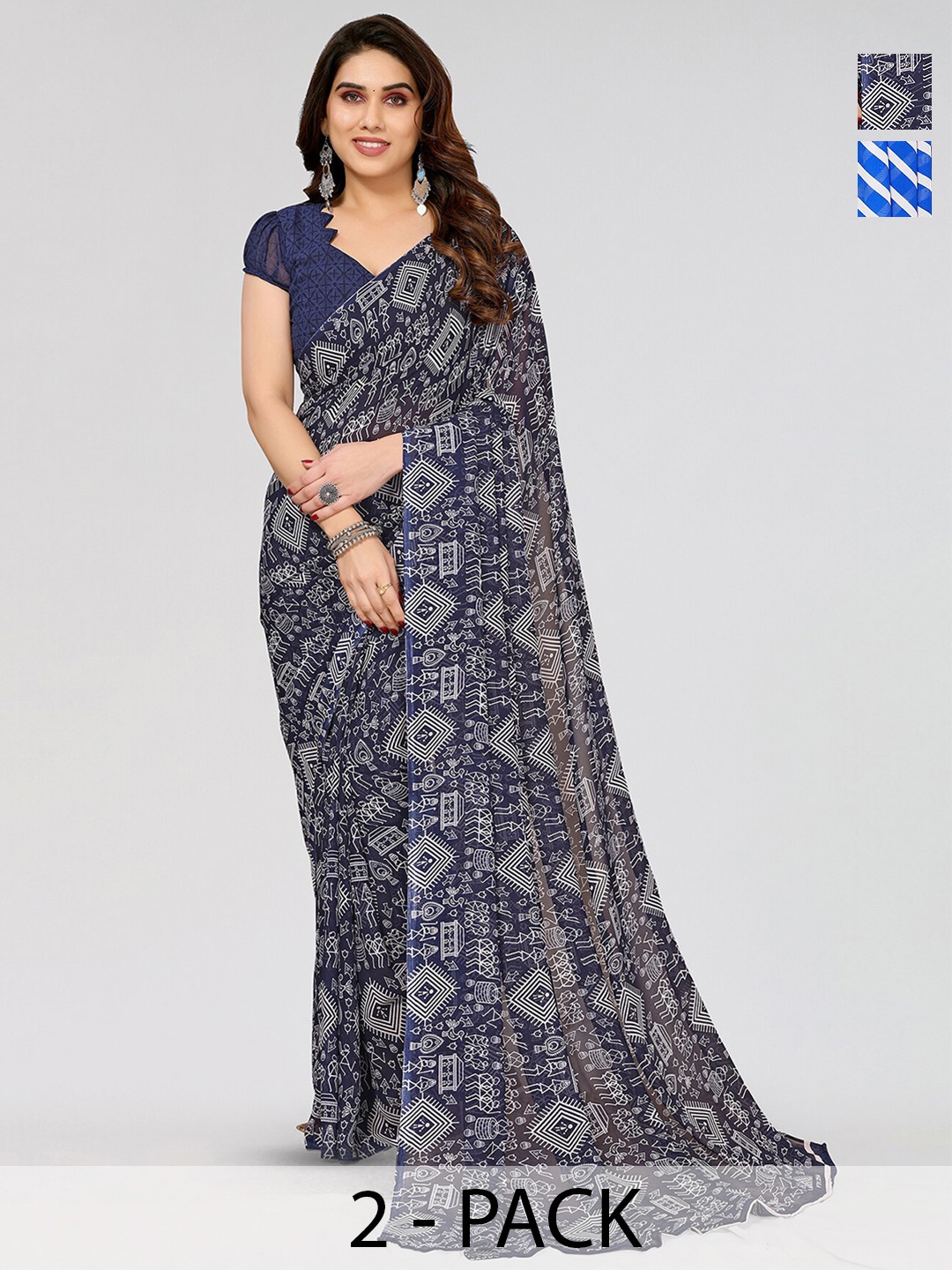 

ANAND SAREES Selection of 2 Polka Dot Printed Saree, Blue