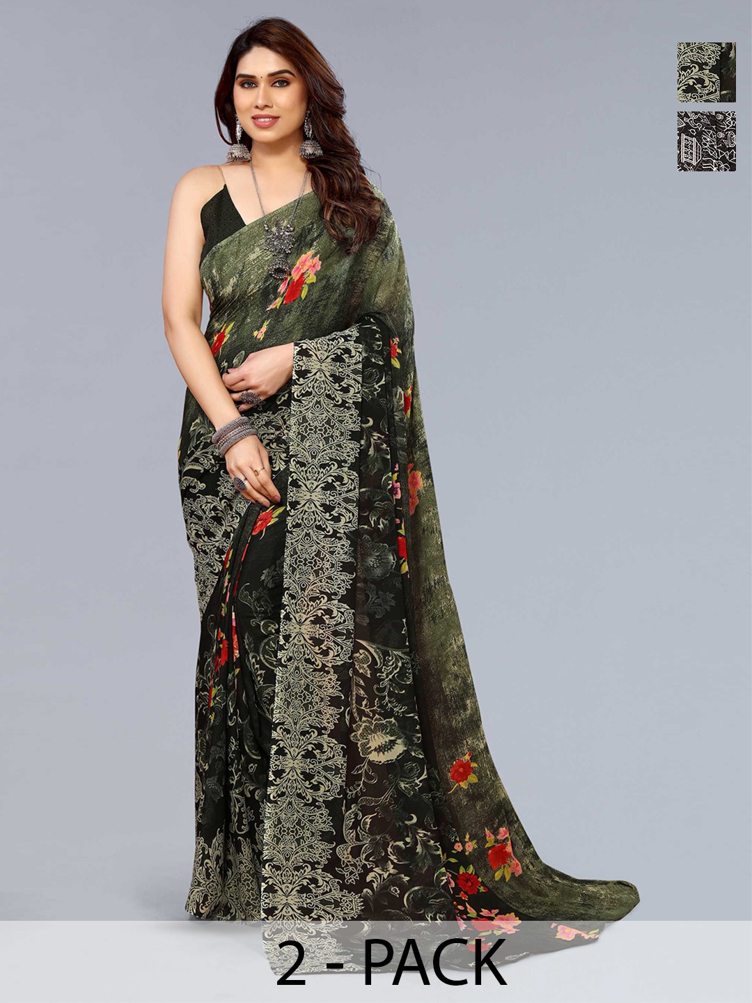 

ANAND SAREES Selection Of 2 Floral Printed Saree, Black