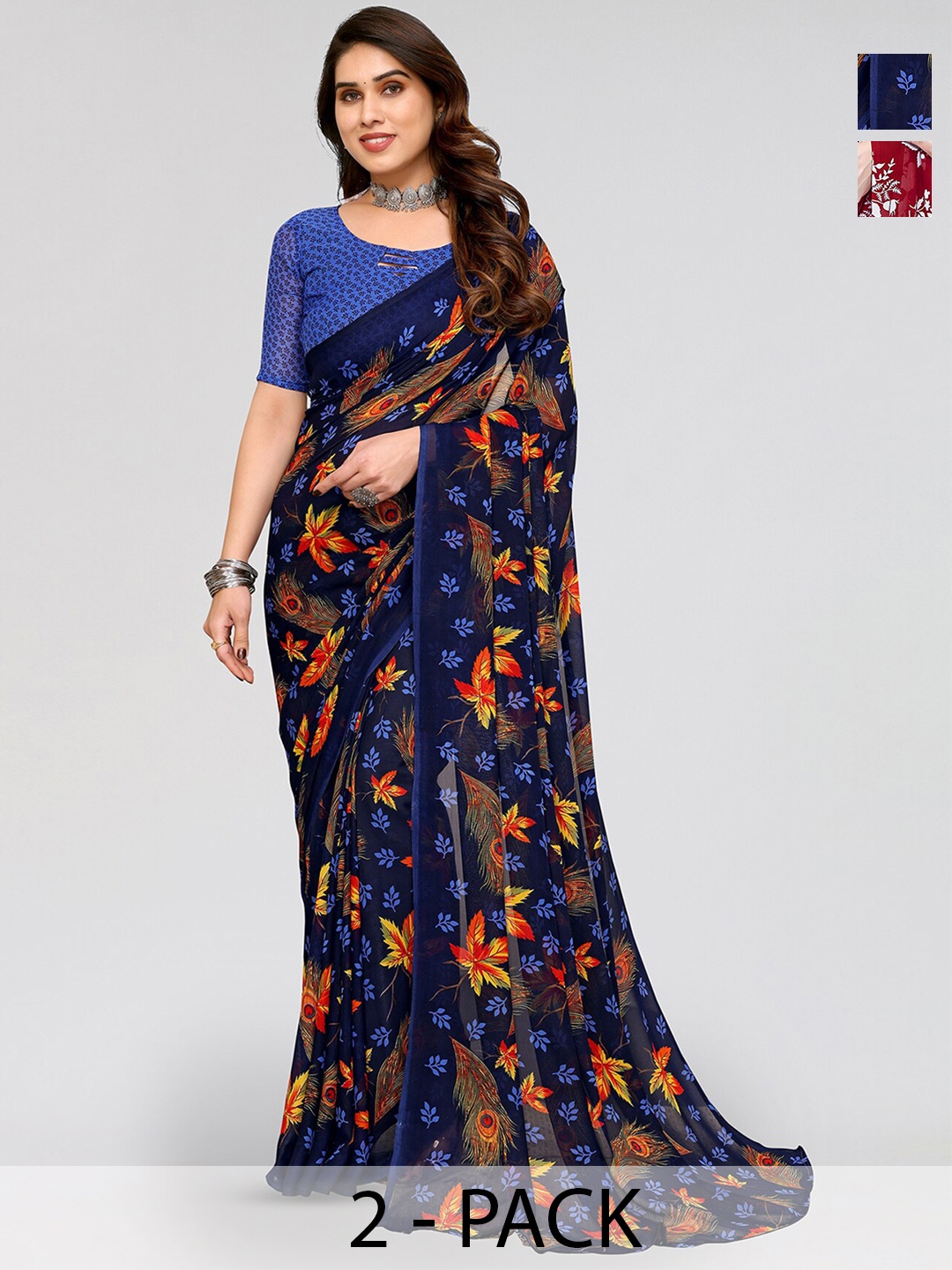 

ANAND SAREES Selection Of 2 Floral Printed Saree, Blue