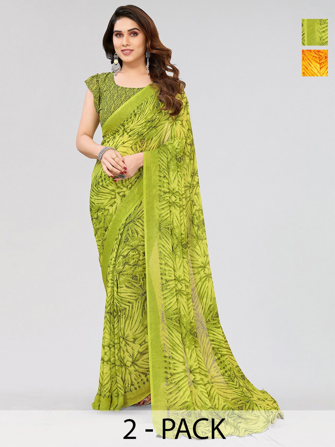 

ANAND SAREES Selection of 2 Floral Printed Saree, Green