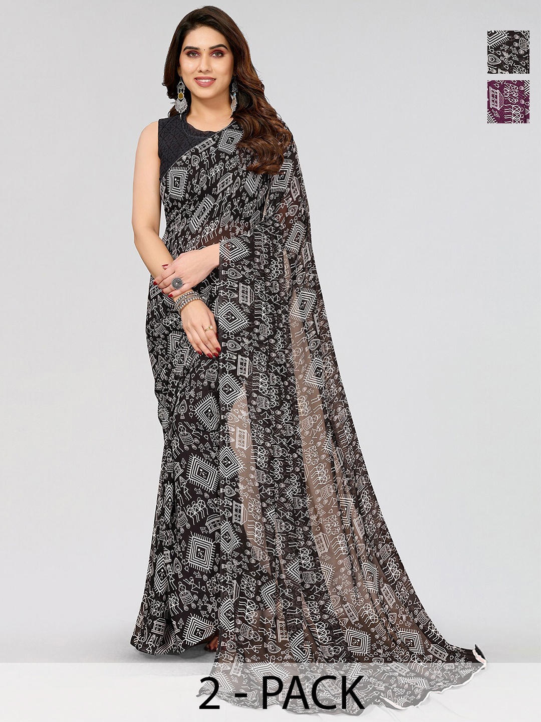 

ANAND SAREES Selection Of 2 Ethnic Motifs Printed Sarees, Black